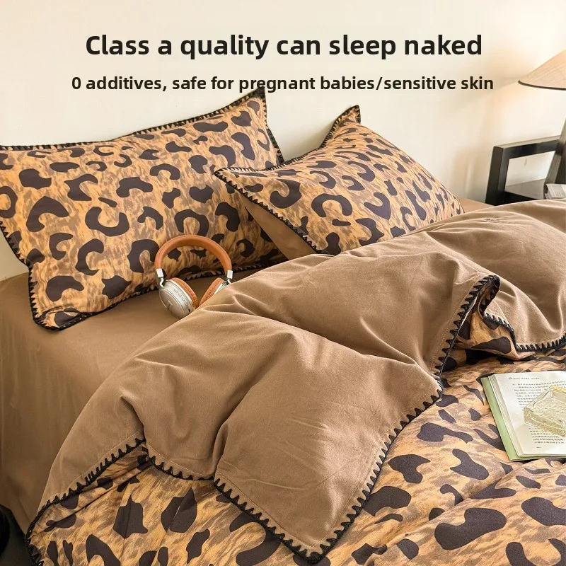 Class A Cotton Sanded Bed Four-piece Set Antique Style Leopard Print Light Luxury Quilt Cover Bed Sheet Pillowcase Bedding Set