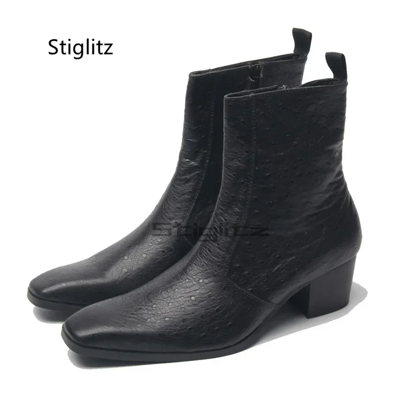 Small Square Toe Chelsea Men's Boots Catwalk High Heeled Ankle Boots British Genuine Leather Business Dress Boots Winter Shoes
