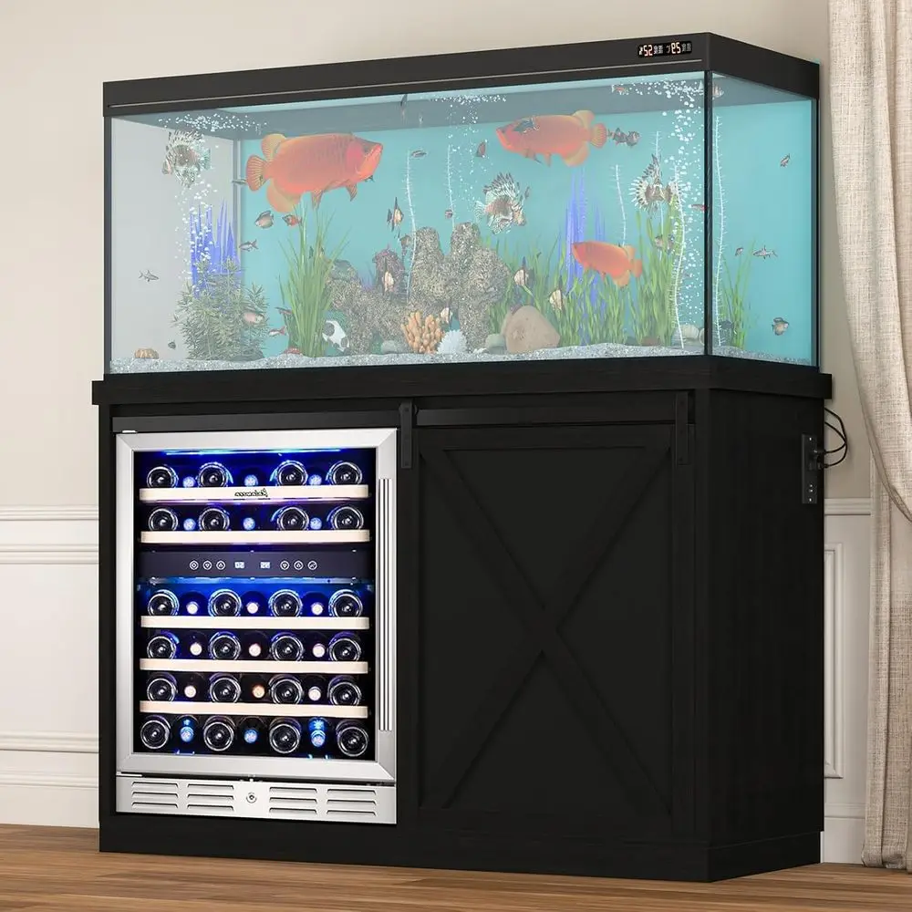 

49 Black Coffee Bar Cabinet with Ridge Storage, Metal Rack, Sliding Barn Door, and Power Outlet for Kitchen or Dining Area