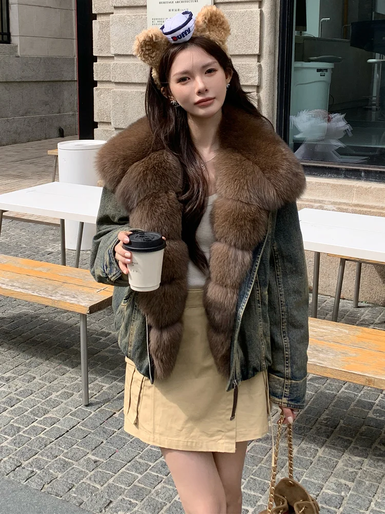 

2025 New Fashion Luxury Denim Coat Winter Warm Women Goose Down Jacket Real Fox Fur Collar Thick Parkas Puffer Jacket Outwear