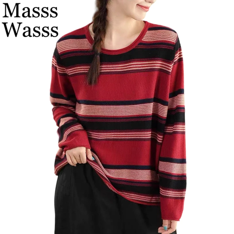 

Masss Wasss 2025 Korean Design Winter Womens Fashion Loose Striped Sweaters Ladies Casual Warm Pullover Classic Big Size Jumpers