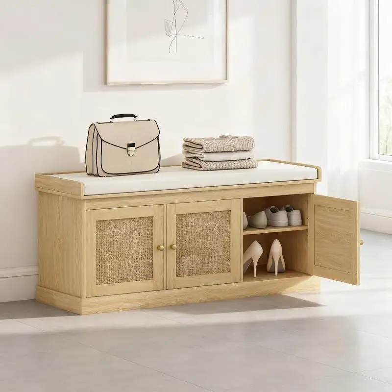 

Woven Rattan Door Shoe Storage Bench with Seating, Stylish Entryway Organizer
