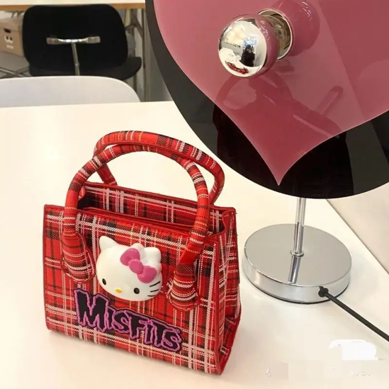 

New Kawaii Anime Retro Hello Kitty Embroidered Cartoon Cute Handbag Simple Style Pu Large Girl Heart Capacity Bucket Bag Handbag