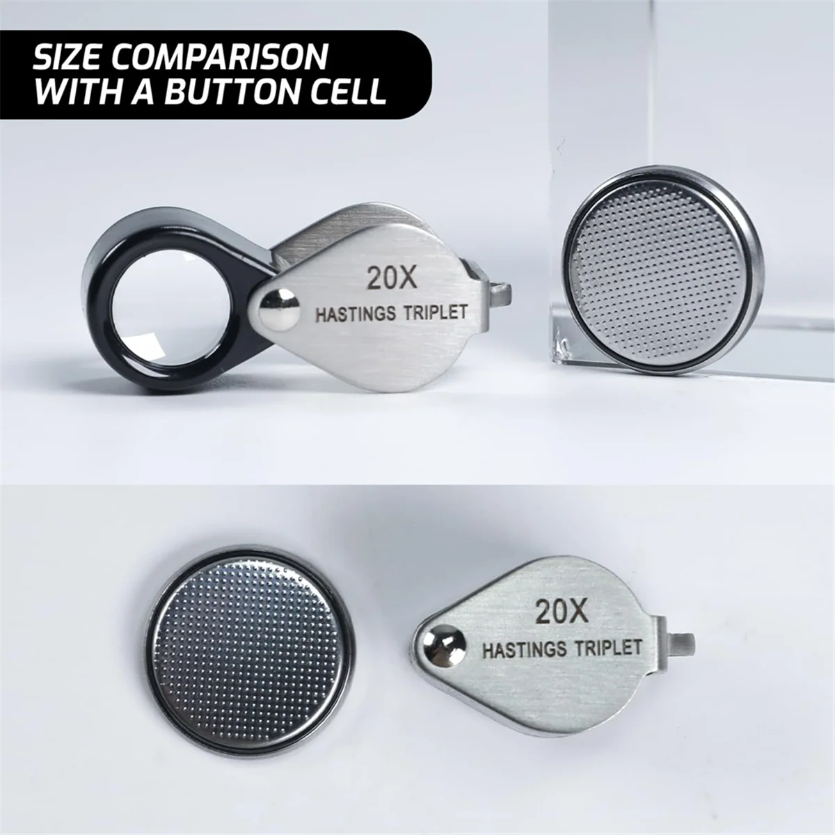 A002 Mini Jewelers Loupe 20X Triplet Loupe Magnifier with 12mm Triplet Lens Foldable Eye Loop Jewelry Magnifying Glass