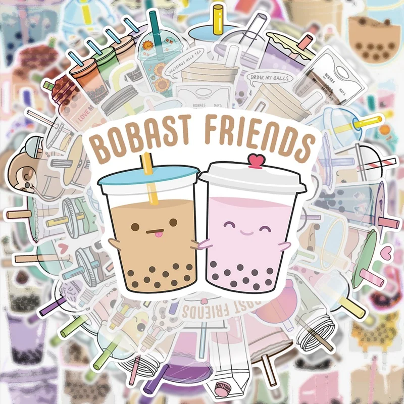 50 Pieces of Bubble Tea Stickers, Vibrant Sticker Decals, Multiple Styles Without Duplication, Suitable for Water Bottles, Laptops, Suitcases, Skateboards, Guitars, Party Decorations