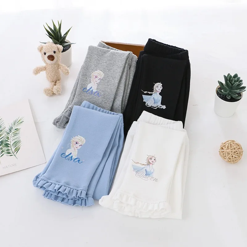 2024 New Disney Girl Pants Quality Cotton for Children Frozen Anna Elsa Autumn Baby Girl Pink Blue Trouser Kids Leggings Cartoon