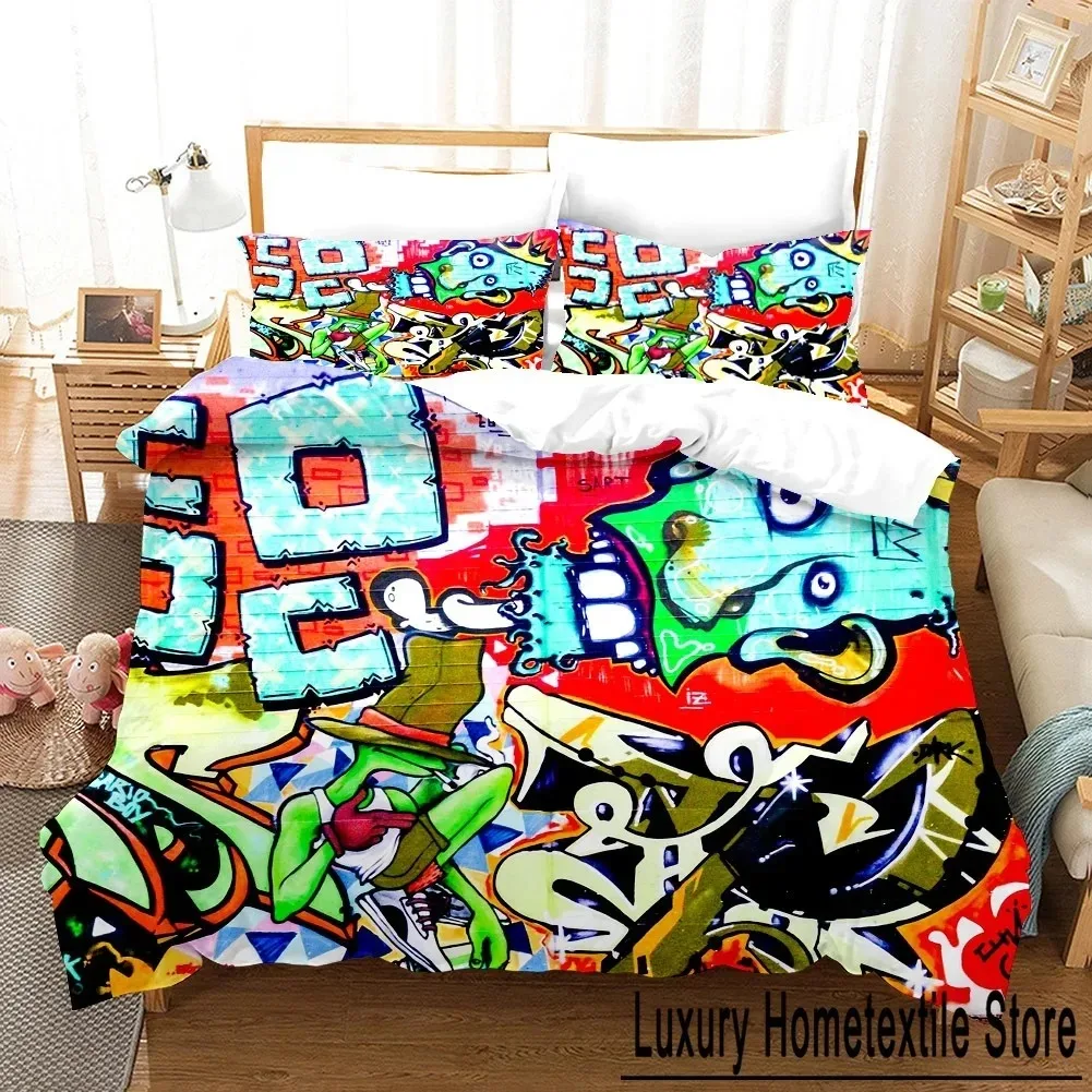 Cartoon Style Hip-Hop Graffiti 3D Printed Duvet Cover Pillowcase Bedding Set, Teenagers Bedroom Decor Bed Kit，Single_Queen Size