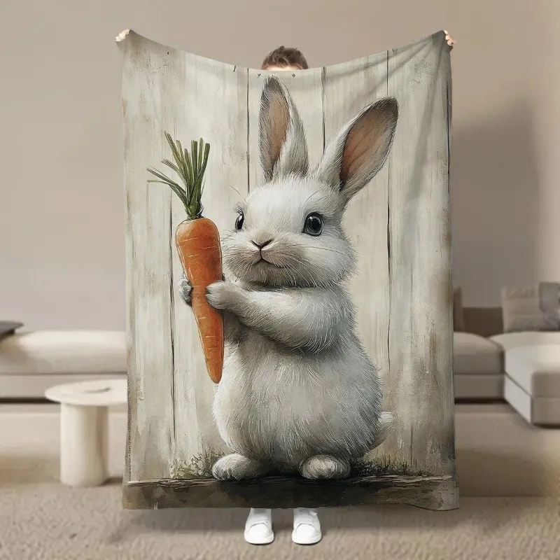 1, niedliche Flanelldecke mit Kaninchen- und Karotten-Aufdruck – bequemes Kaninchen- und Karotten-Design, geeignet für Betten, Sofas, Ostergeschenke