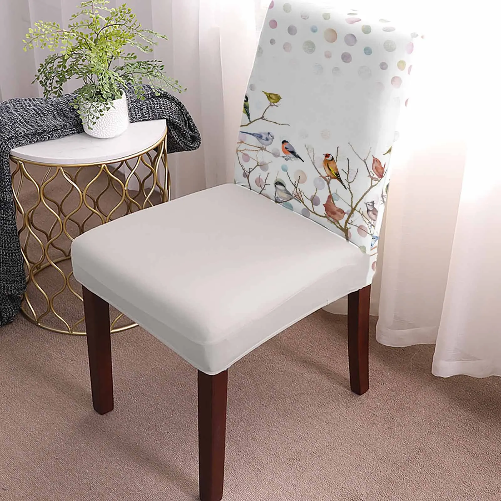 Watercolor Bird Branch Gradient Dining Chair Covers Spandex Stretch Seat Cover for Wedding Kitchen Banquet Party Seat Case