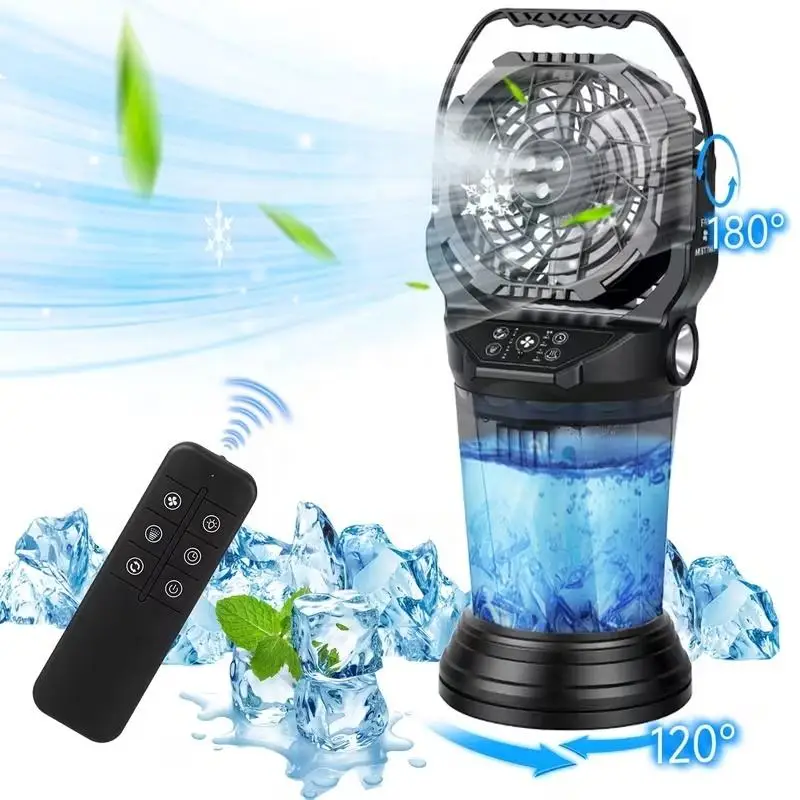 4-speed and 2-liter capacity spray portable intelligent timer rechargeable camping fan with three brightness modes control.