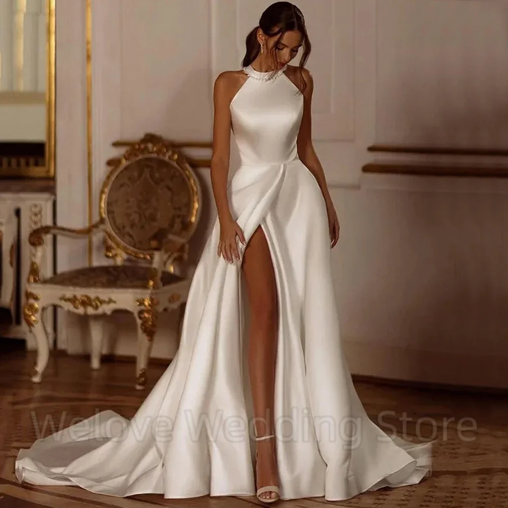 Vintage Halter with Bow Wedding Dress Sleeveless Sexy Side High Slit A-Line Floor Length Sweep Train Pearls Pocket Bride Gowns