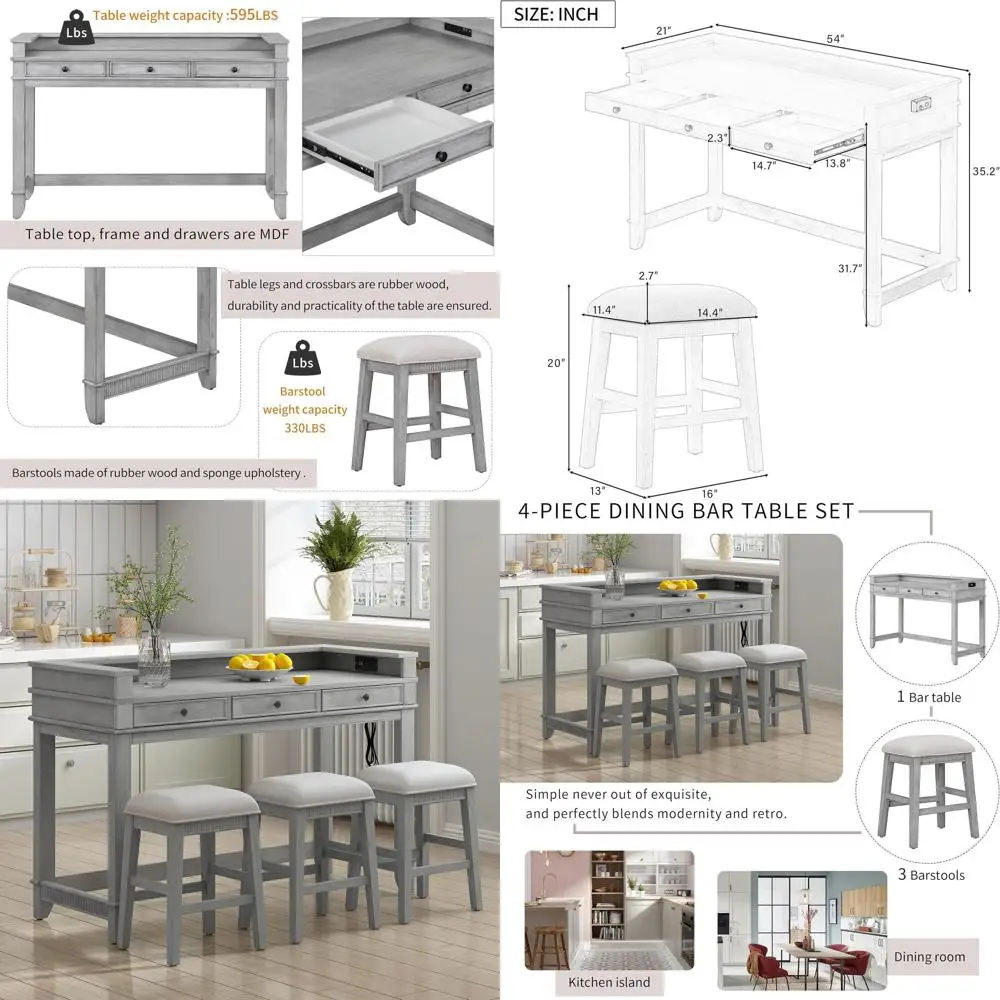 

Серый обеденный набор из 4 предметов с USB-зарядкой — стол для завтрака и 3 мягких барных стулья