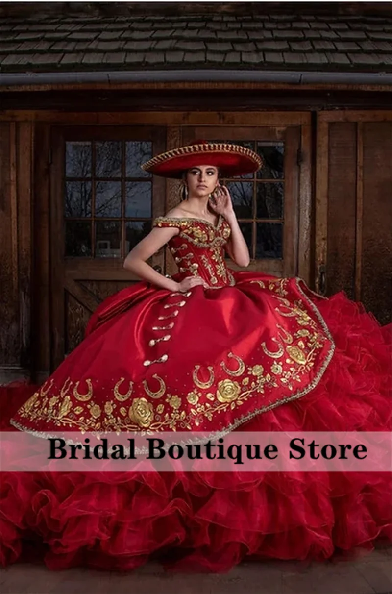 New Arrival Mexi Red Ball Gown Quinceanera Dresses Bow Sweet 16 Dress Golden Embroidery Ruffle Vestidos De Xv Años   Customized