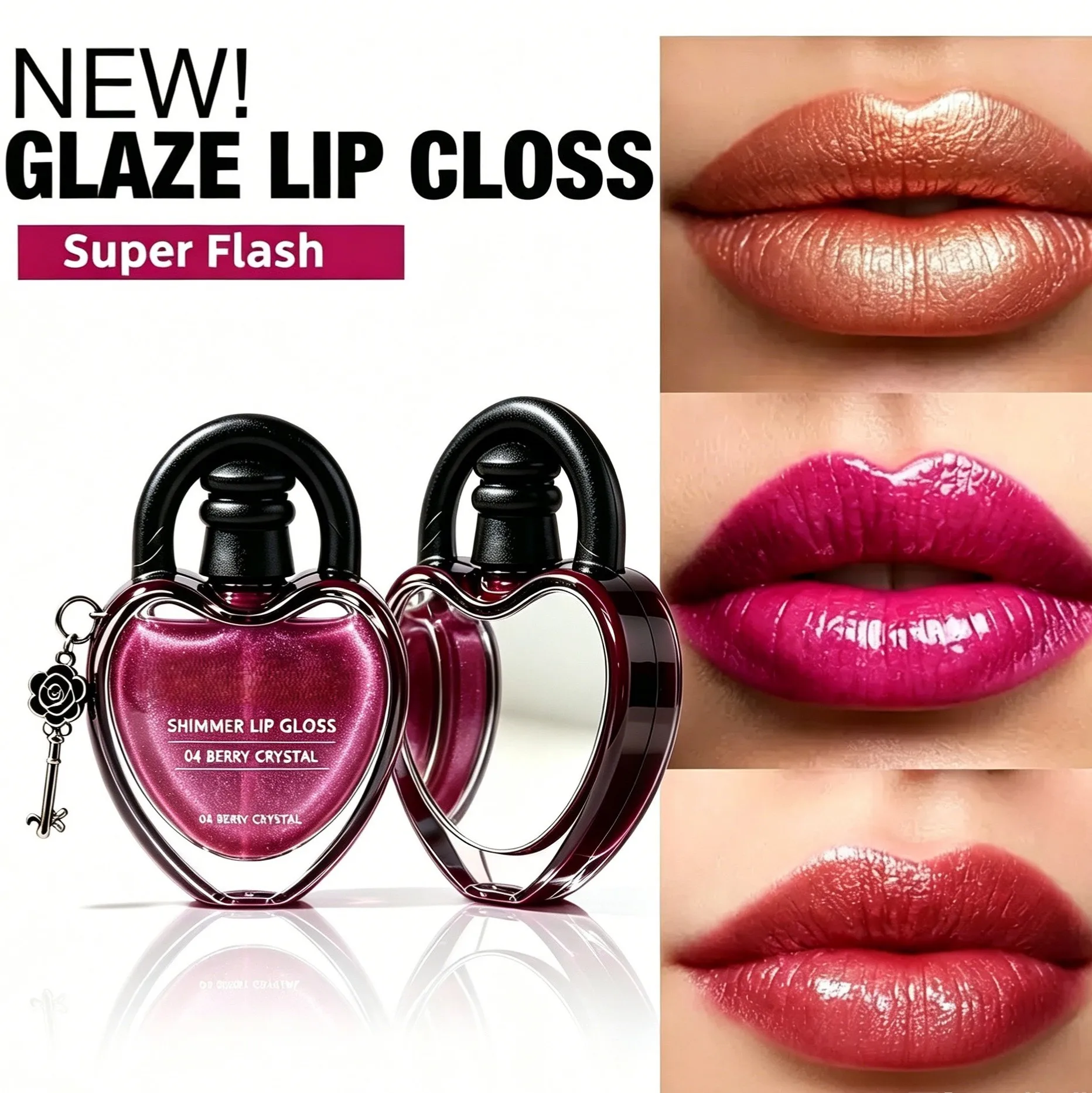 Heart Lock Mirror Lip Gloss: Dual-use Shimmer Lip Oil Tint with Hydrating Long Lasting Glossy Makeup Lip Lock for Lip Make