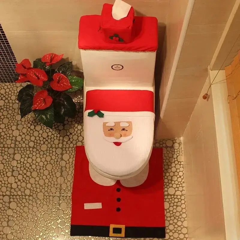 New Toilet Foot Pad Seat Cover Cap Christmas Decorations Happy Santa and Rug Bathroom Accessory Claus 1Set