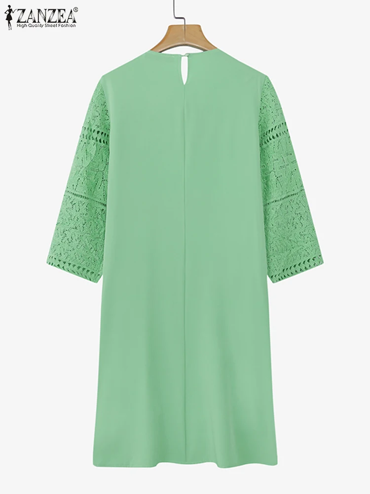 ZANZEA 2025 Women Elegant Office OL Dresses Summer Mini Dress Fashion 3/4 Sleeve Casual Lace Sundress Solid Color Short Robe