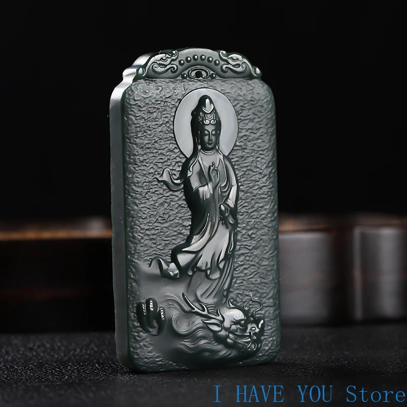 Natural Hetian Jade Pendant Xianglong Guanyin Pendant Peace Amulet Charm Fashion Necklace Men and Women Jewelry Free Lanyard