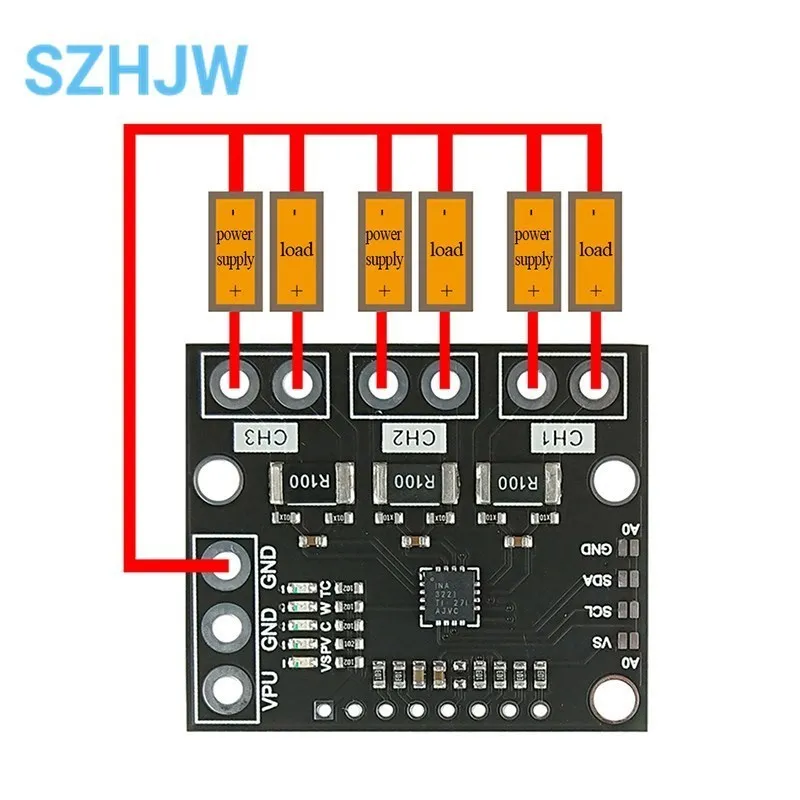 Módulo da placa do sensor do monitor da tensão da fonte de alimentação da corrente do desvio do triplo-canal de i2c smbus ina3221 substitui ina219 com pinos