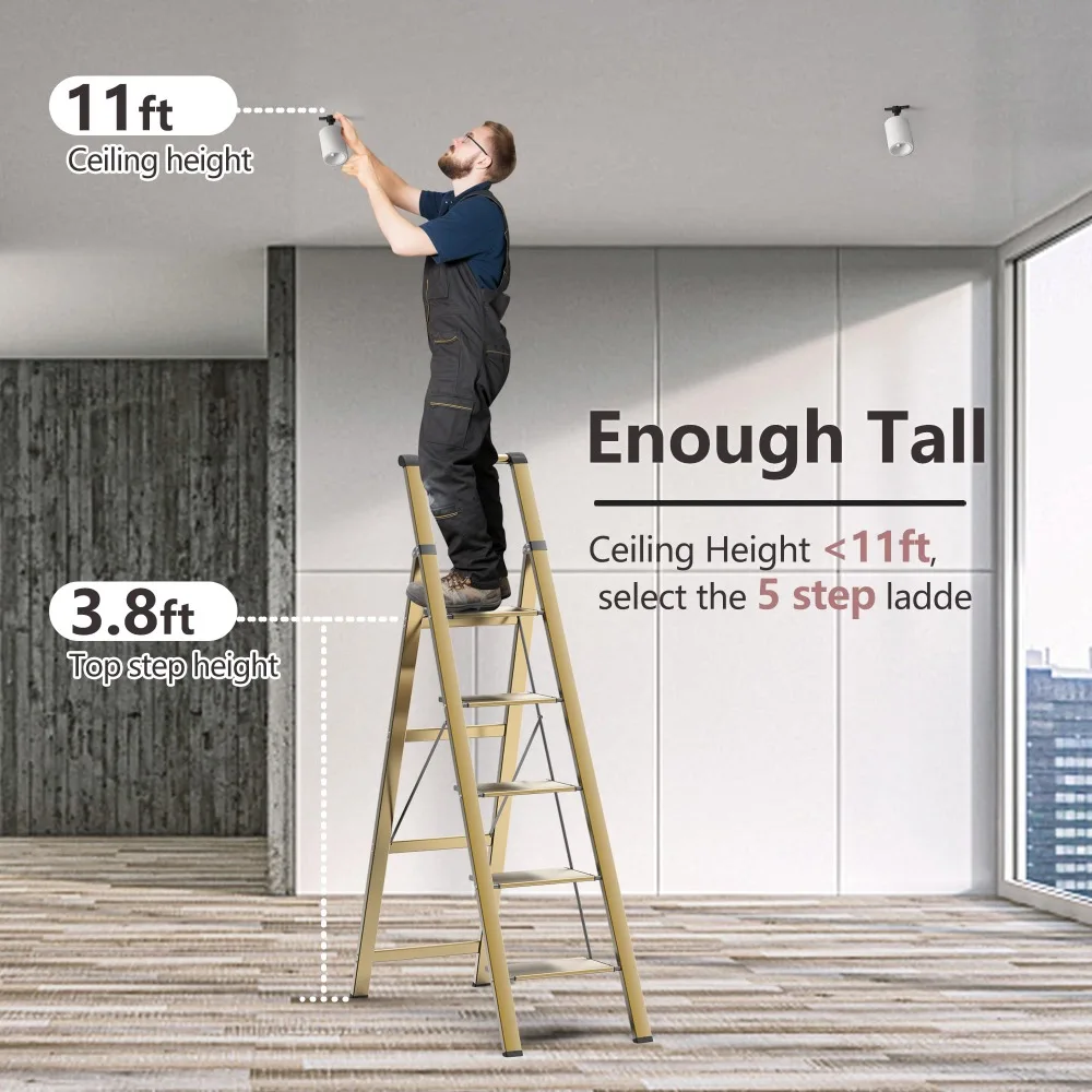 2024 New 5 Step Ladder for 10 Feet High Ceiling, Lightweight Aluminum Folding Step Stool with Convenient Handgrip