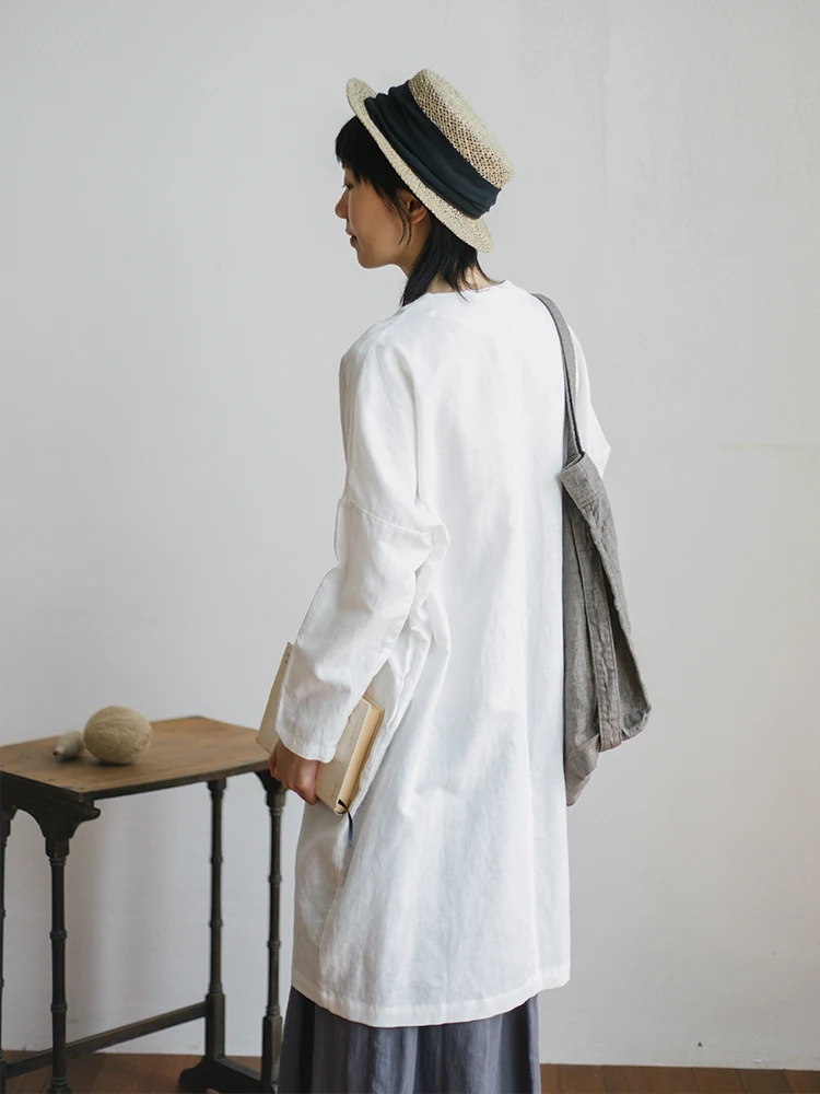 

Белое длинное платье Fern Field, весенне-летняя верхняя одежда, японский стиль, свободный крой, с высокой талией, длинными рукавами