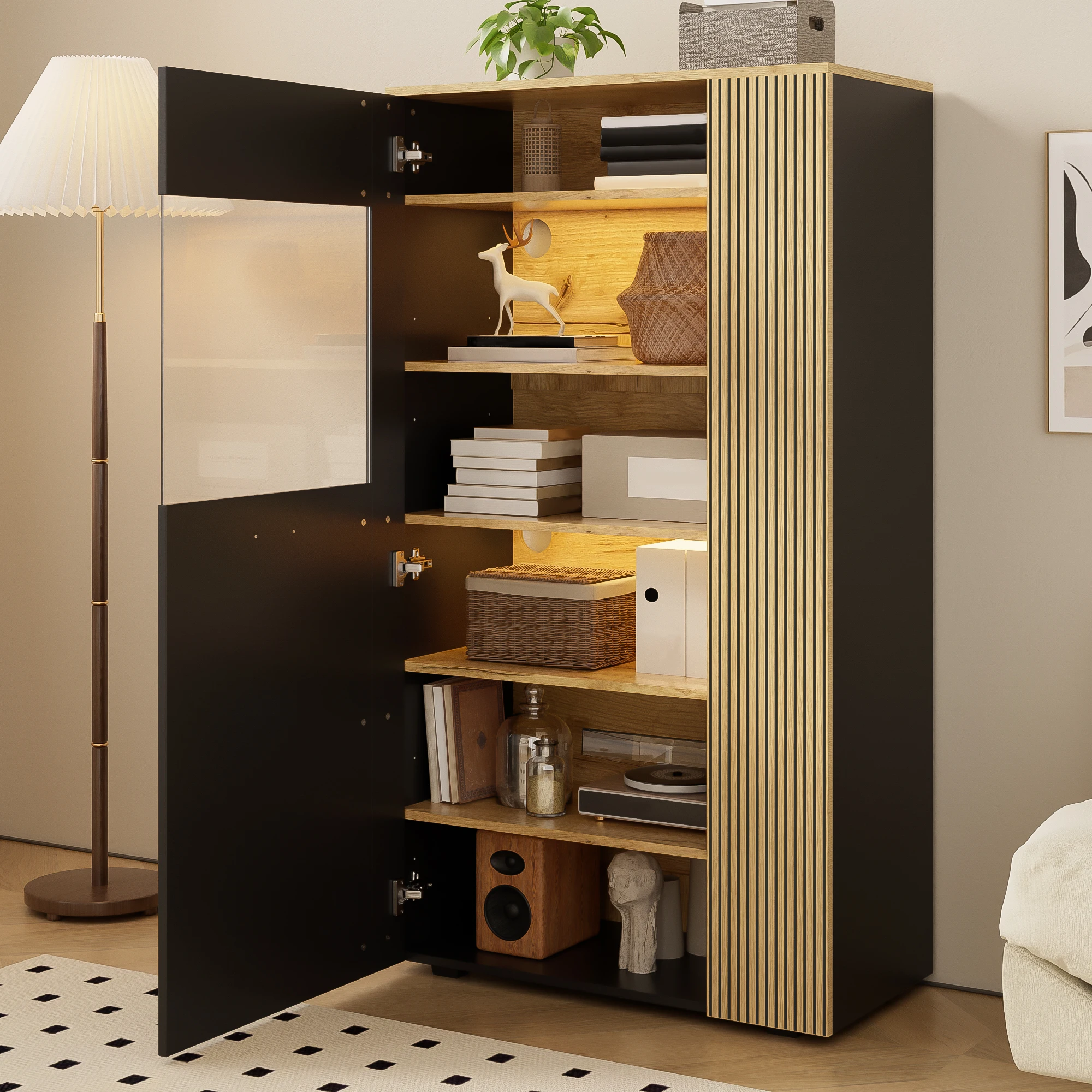 Armoire de rangement moderne en PB avec éclairage LED 16 couleurs, organisateur multifonctionnel avec 3 étagères fixes et 2 réglables