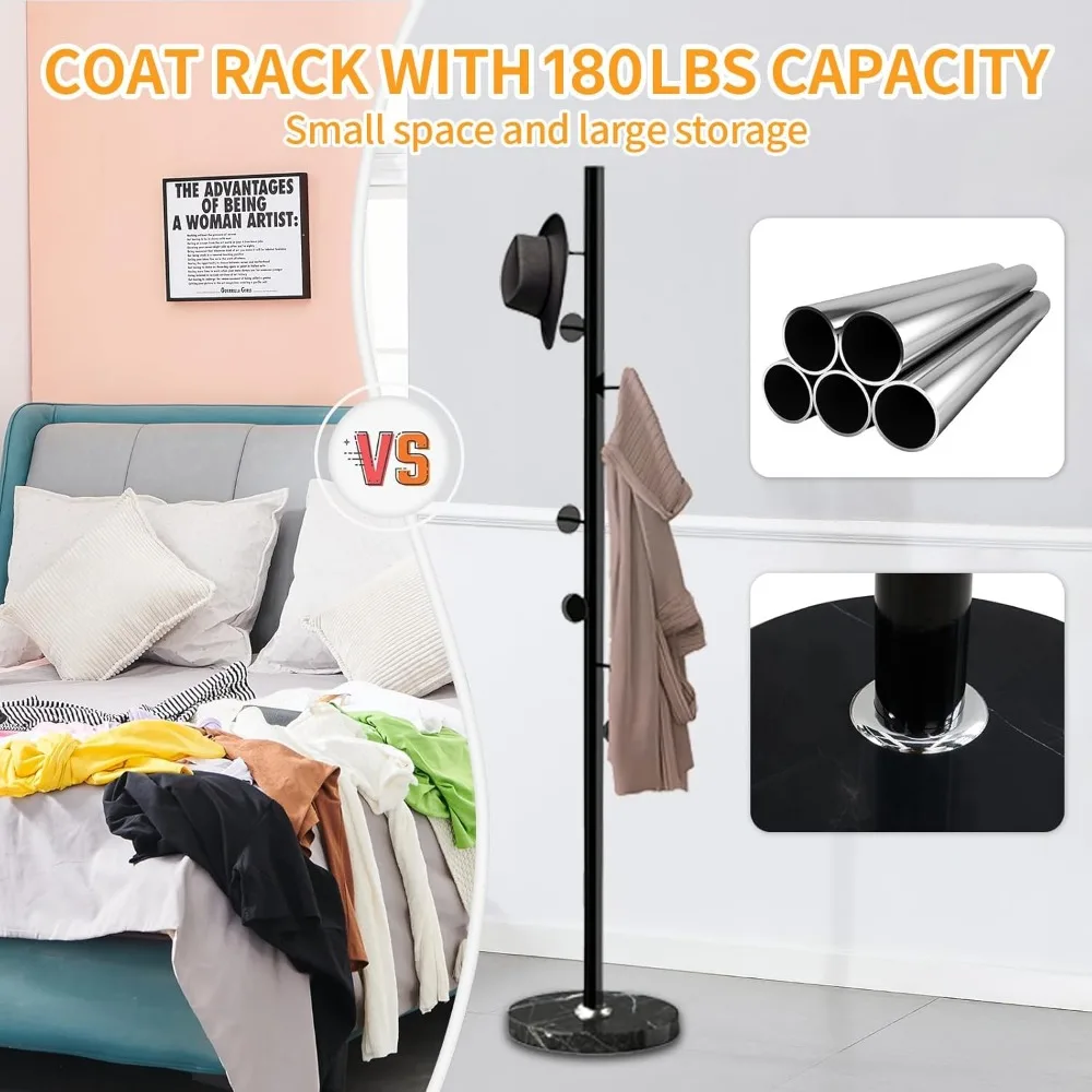 رف معطف معدني قائم بذاته مع قاعدة من الرخام الطبيعي، شماعة قوية على شكل شجرة للقبعات والمعاطف عند المدخل