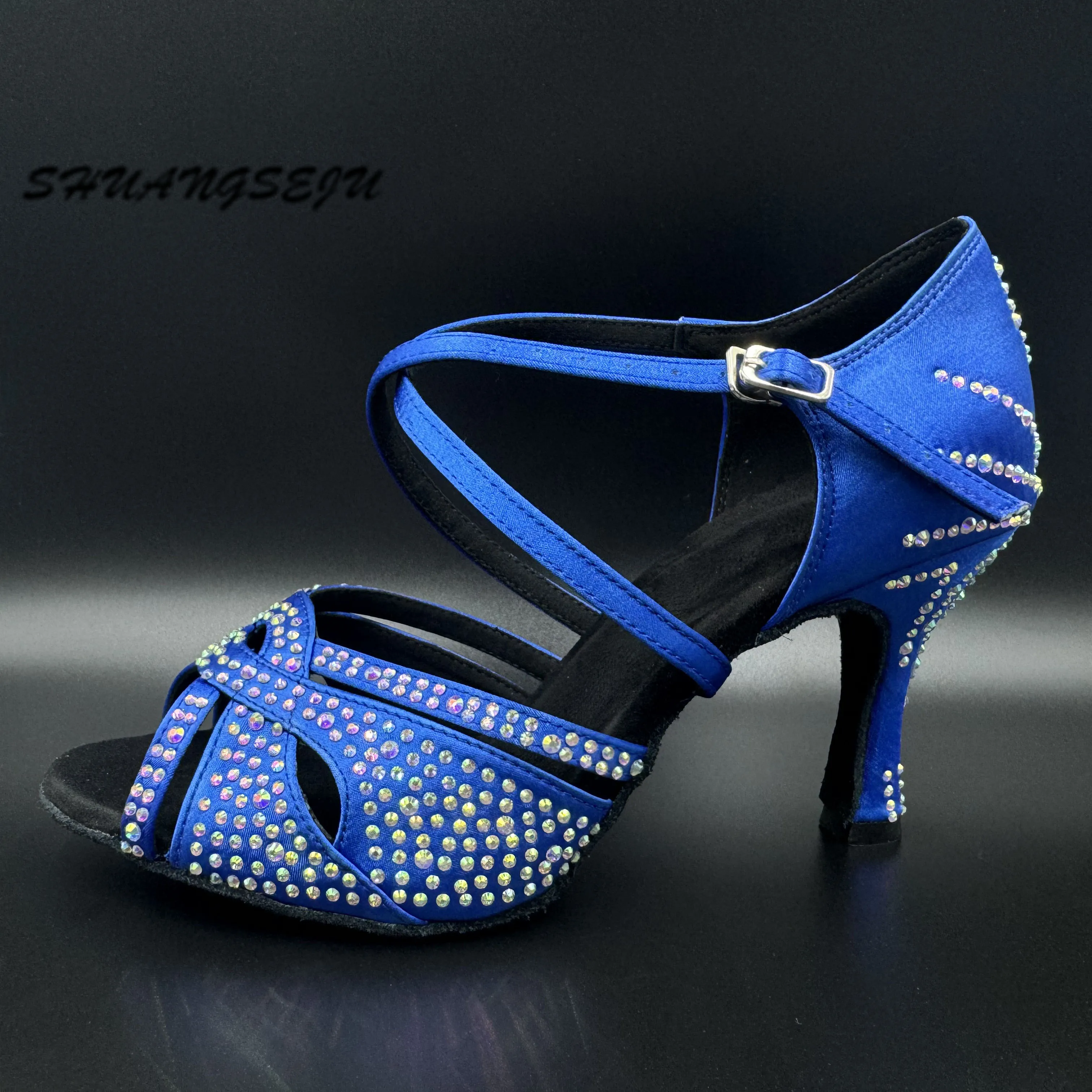 

SHUANGSEJU New royal blue satin Latin dance shoes professional ballroom salsa bachata soft-soled dance shoes with mid-high heel