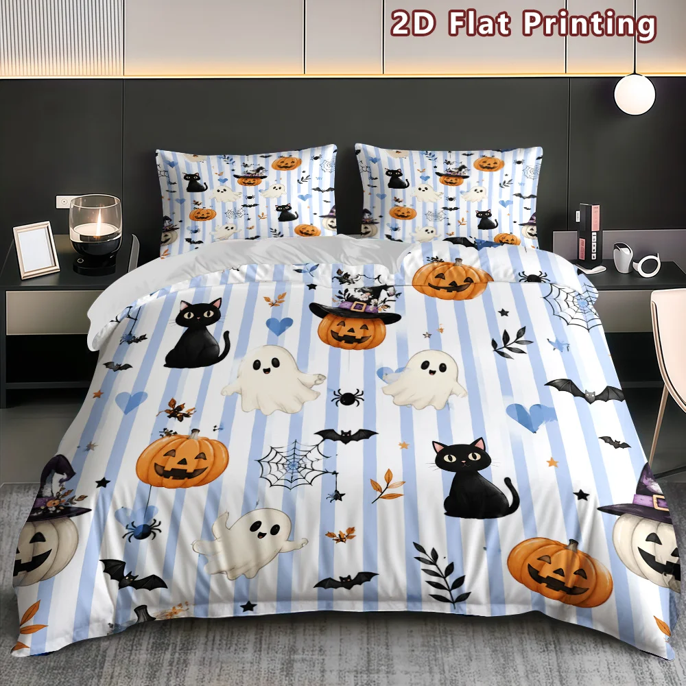 Latest Printed Quilt Cover Set, 1 Quilt Cover + 2 Pillowcases (Without Filling) 2D Flat Halloween-Themed Quilt Cover Set, Watercolor Texture, Breathable Polyester Bedspread, Elegant Fern-Patterned Quilt Cover, Three-Piece Printed Quilt Cover Set for Cozy Bedroom Decor (Suitable for All Seasons, Machine Washable, Invisible Zipper, Large Quilt Cover Set, Bedding Set Quilt Cover