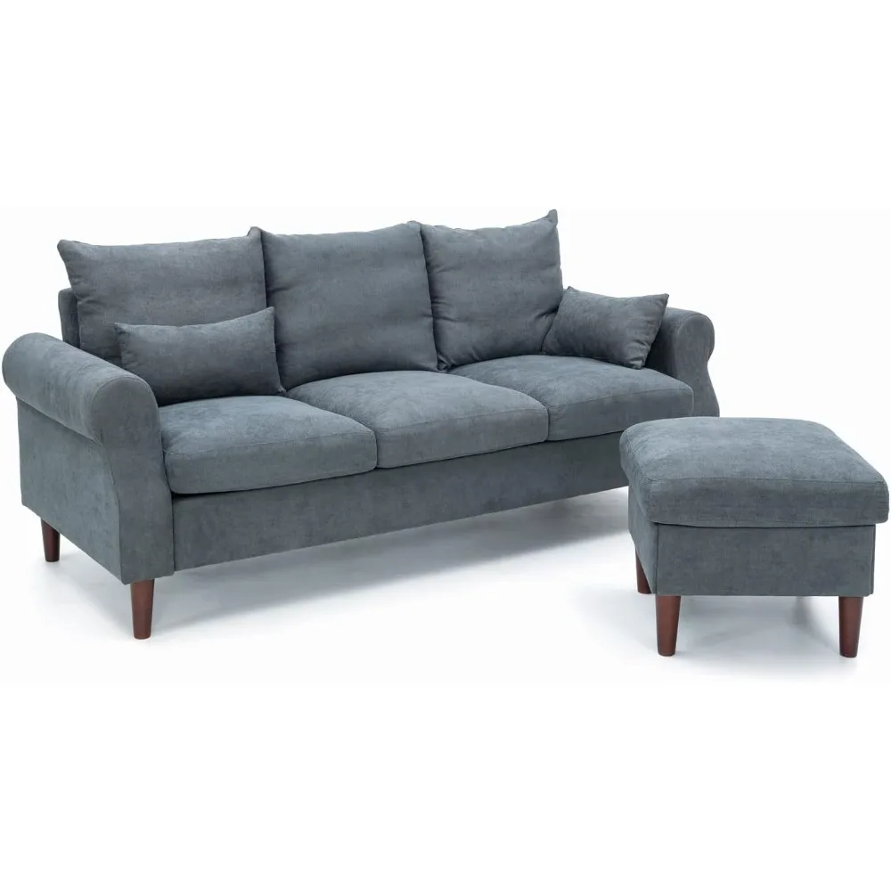 3 Seater Sofa with Footstool Set, Rolled Arm Classic Couch, Solid Wood Legs Settee for Small Living Room Office Lounge