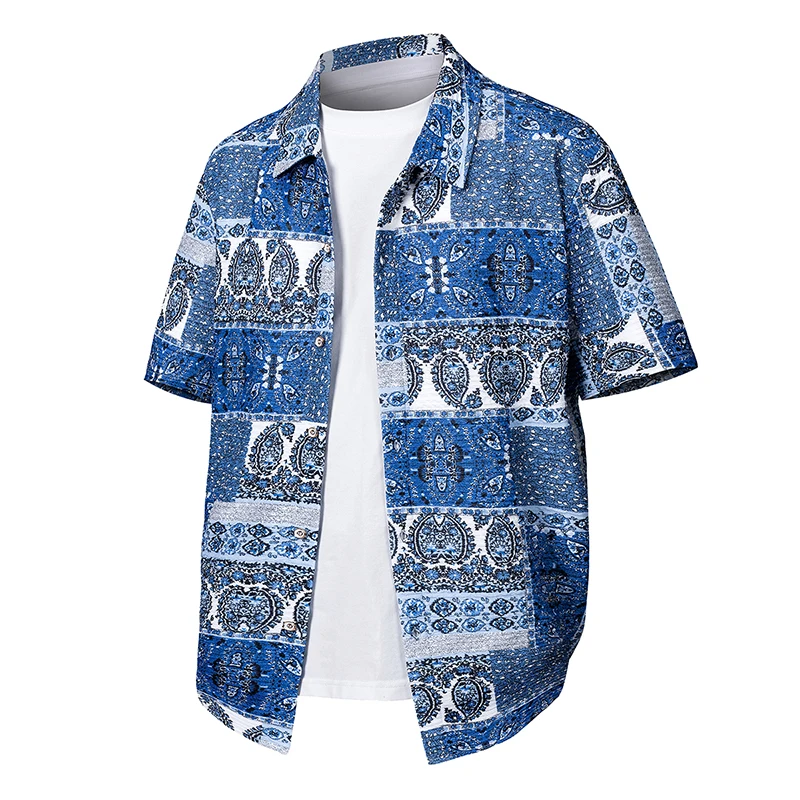 

New Men's High-quality Home Short Sleeved Shirt with Summer Ice Silk Casual Printing Fashionable Versatile Short Sleeved Shirt