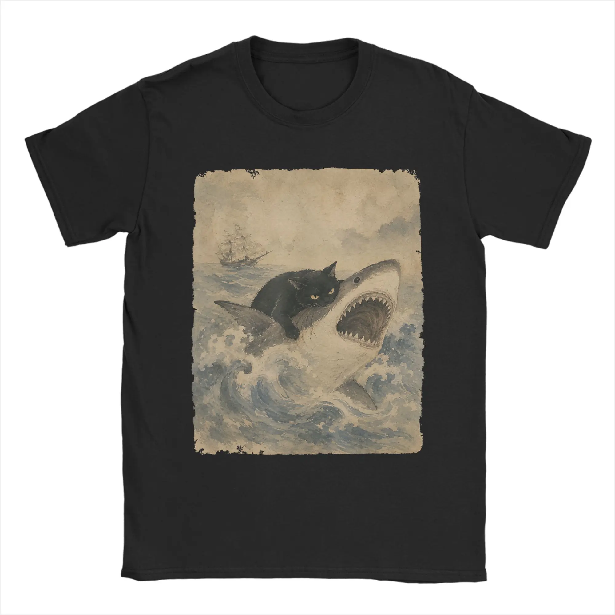 Cat Hunting Shark T Shirts Men 100% Cotton Creative T-Shirts Crew Neck  Tees Short Sleeve Clothing Plus Size