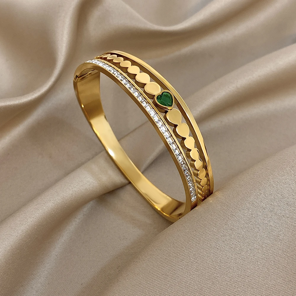 

Elegant Green Rhinestone Stainless Steel Bangle Bracelet Women Retro Multi Layered Stacked Heart Cuff Wide Bracelet Jewelry Gift