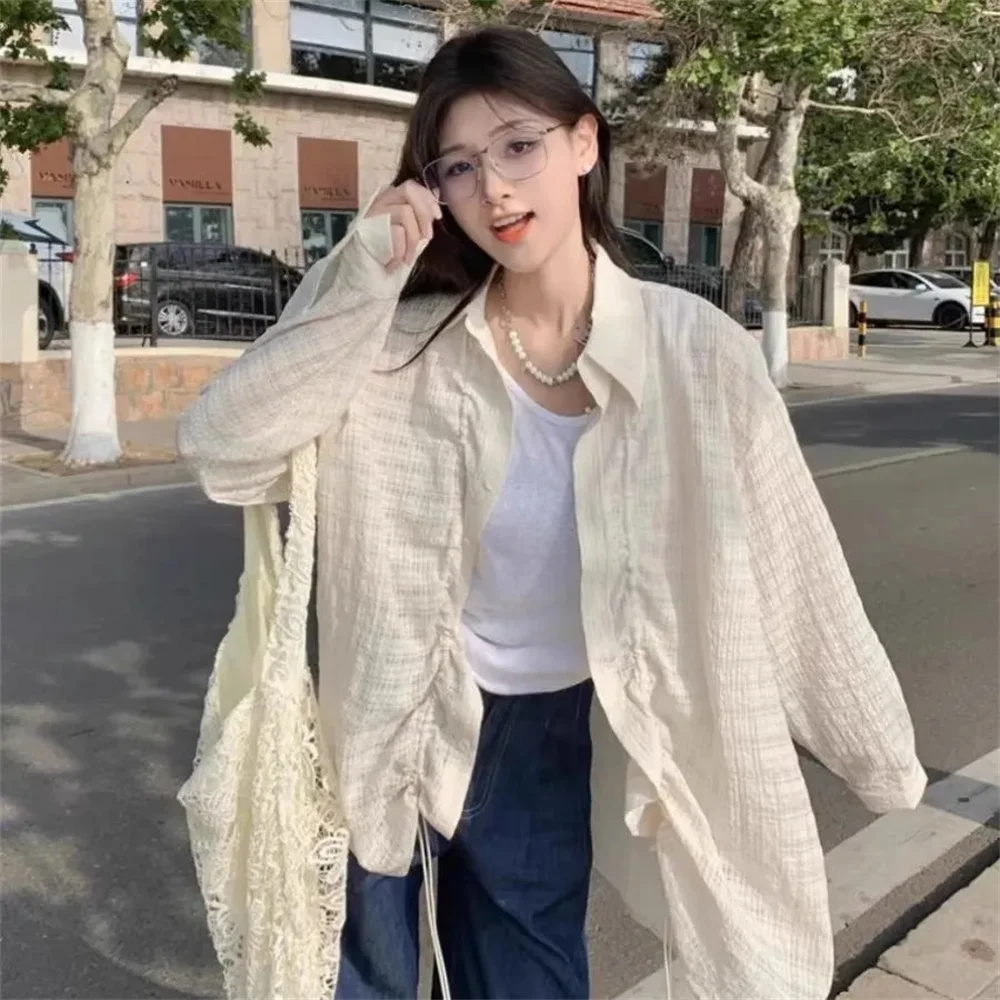

American Vintage Blouse Casual High Collar Long Sleeve Top Simple Women Shirts Ingle Breasted Button Shirts Loose Fit Casual Top