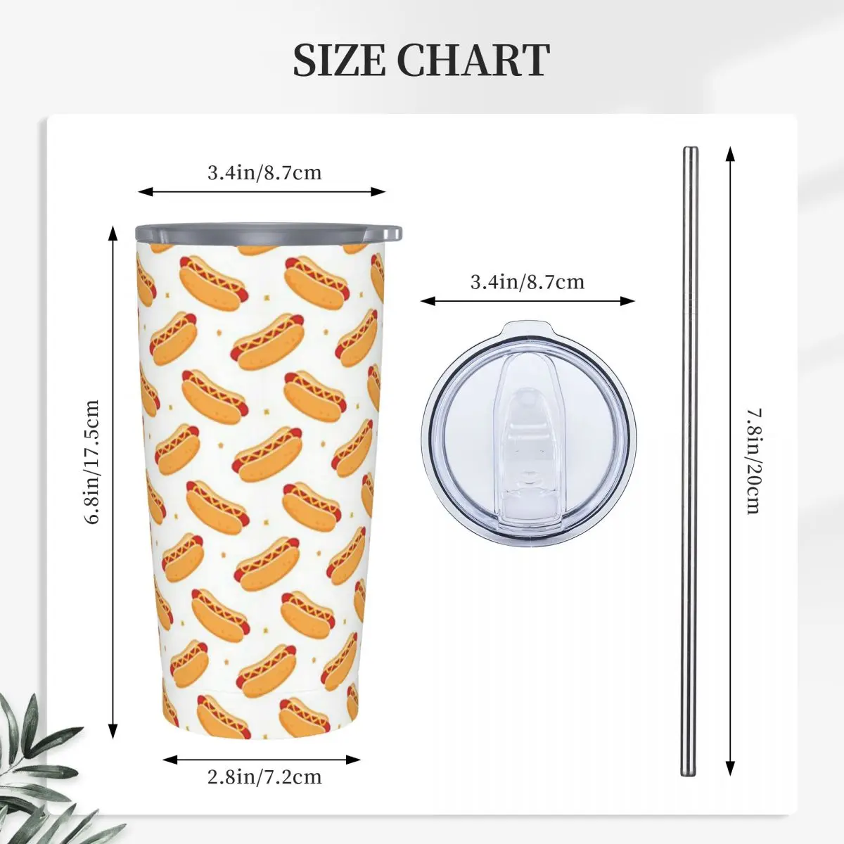 Hot Dog Food Delicious Pattern Stainless Steel Tumbler Vacuum Insulated Mug Thermal Cold Cups Straws With Lid 20oz