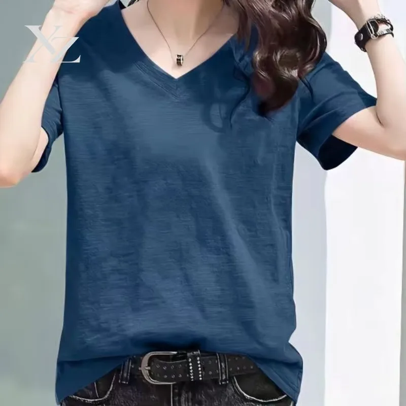 Premium 100% Pure Cotton Bamboo Rayon Women's Short Sleeve T-Shirt Loose Fit V-Neck Casual Top Comfortable Breathable Summer