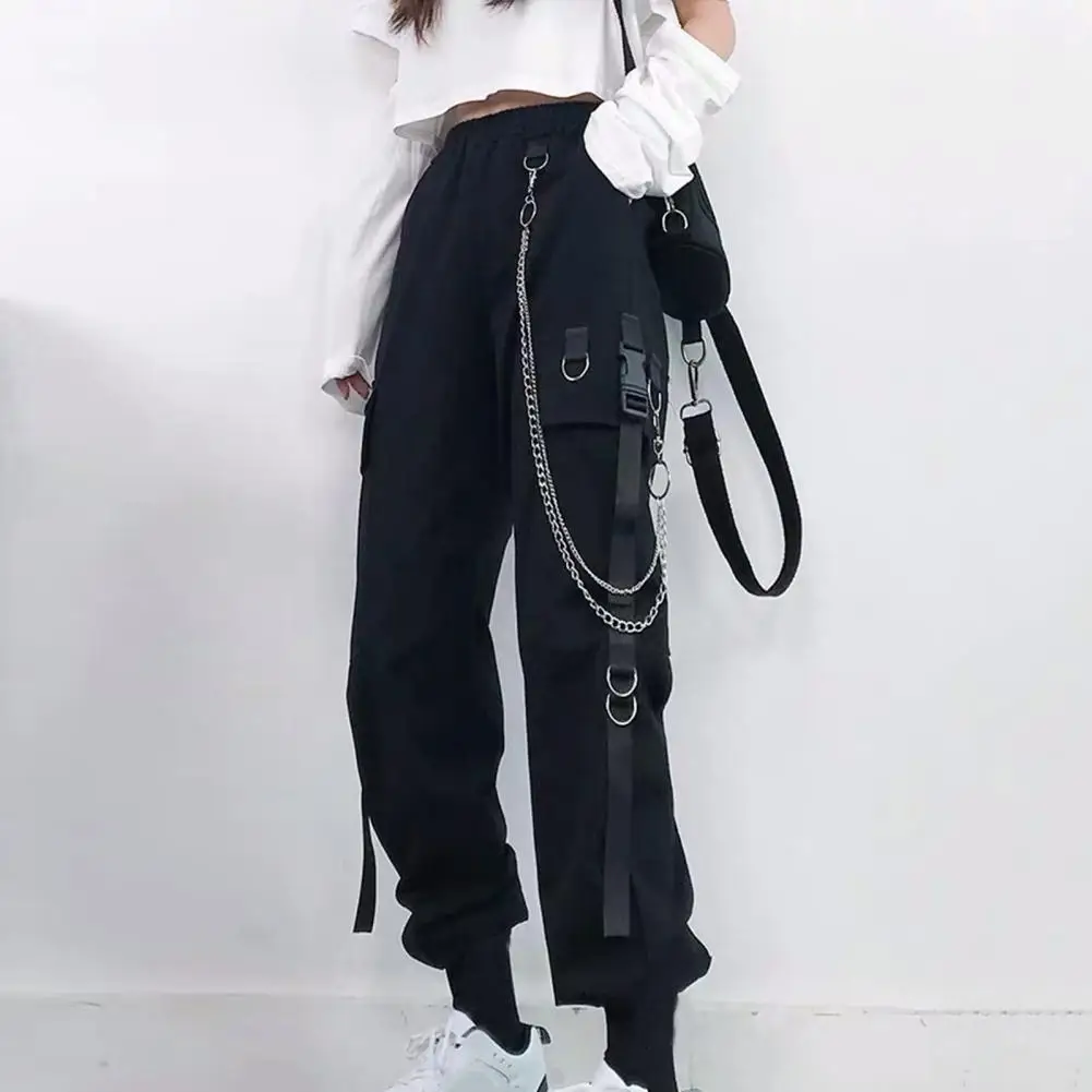 

Women Cargo Pants Chain Decor Multi Pockets Women Pants Loose Deep Crotch Straight Soft Hip Hop Streetwear Long Trousers