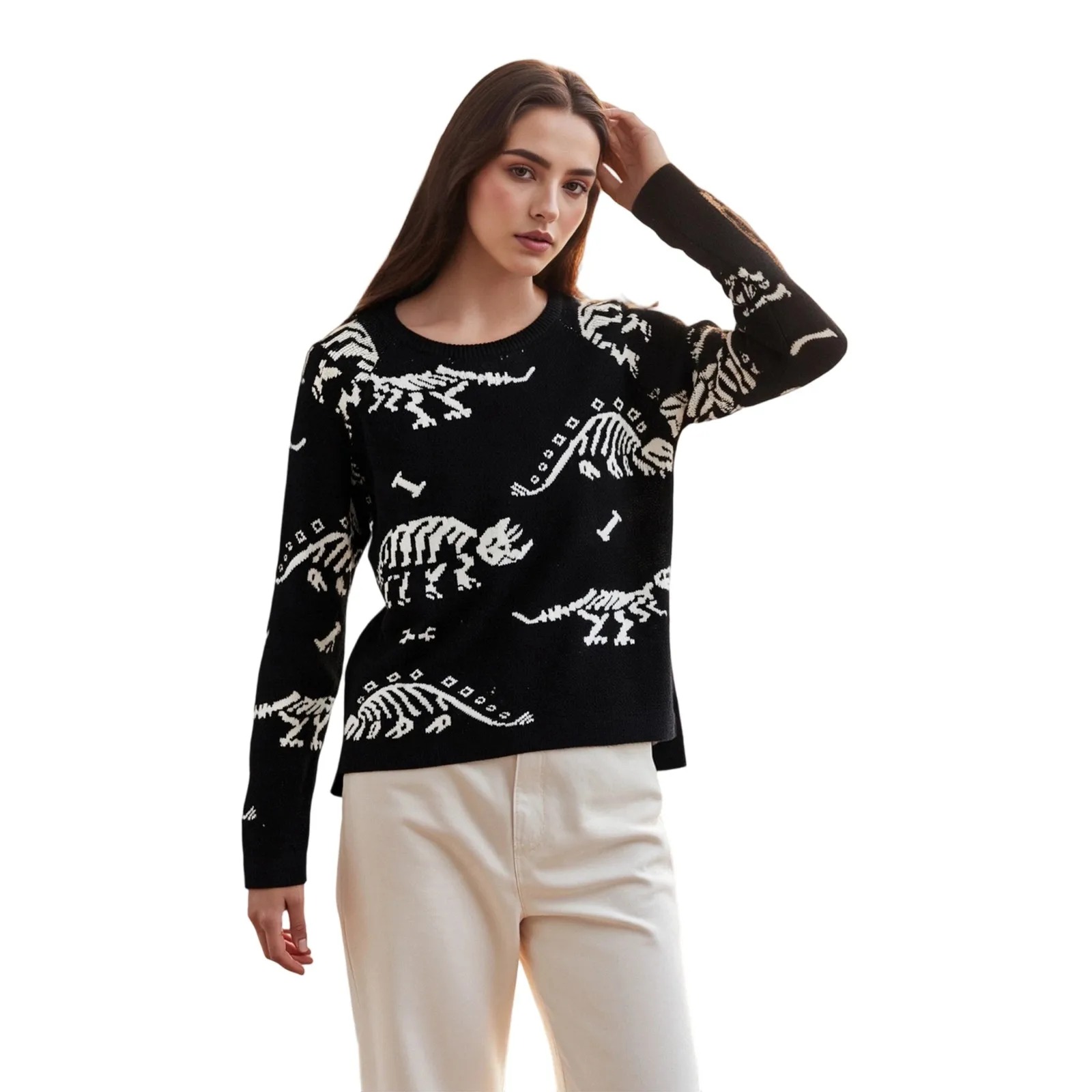 

Women s Autumn Loose Sweater Cute Animal Print Long Sleeve Round Neck Knitwear Pullover