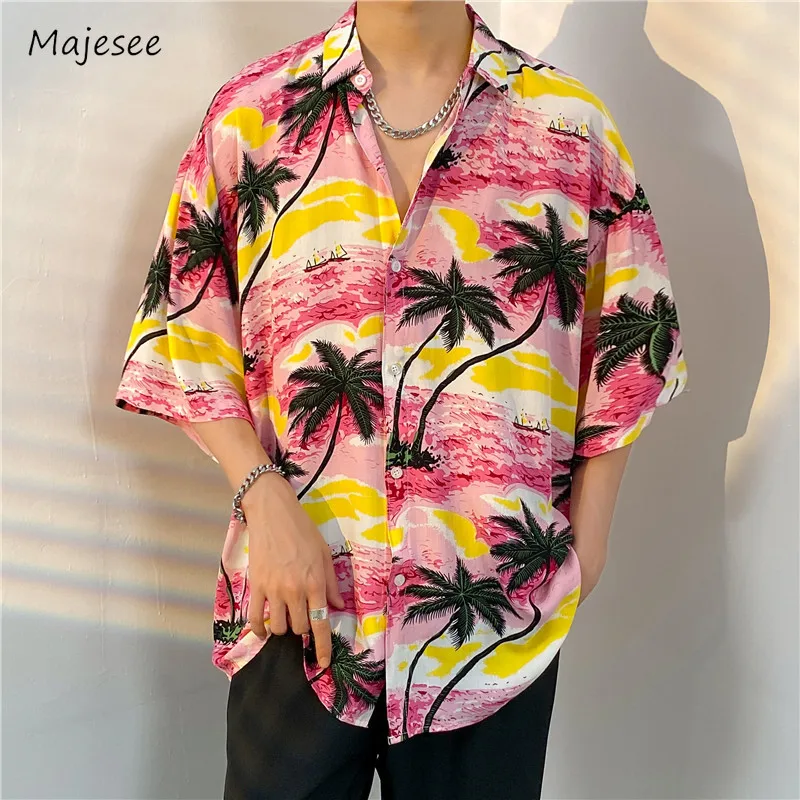 

3 Colors Shirts Men Summer Holiday Vintage Print Harajuku Basic College Teens Tops Couples Clothing Turn-down Collar Ulzzang New