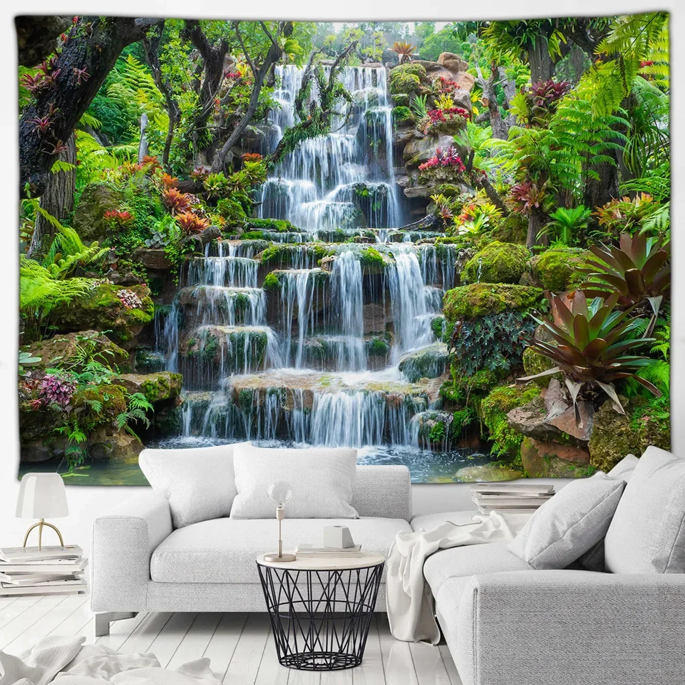 Tropical Jungle Waterfall Landscape Tapestry Green Plants Nature Forest Tapestries Home Living Room Decor Garden Wall Hanging