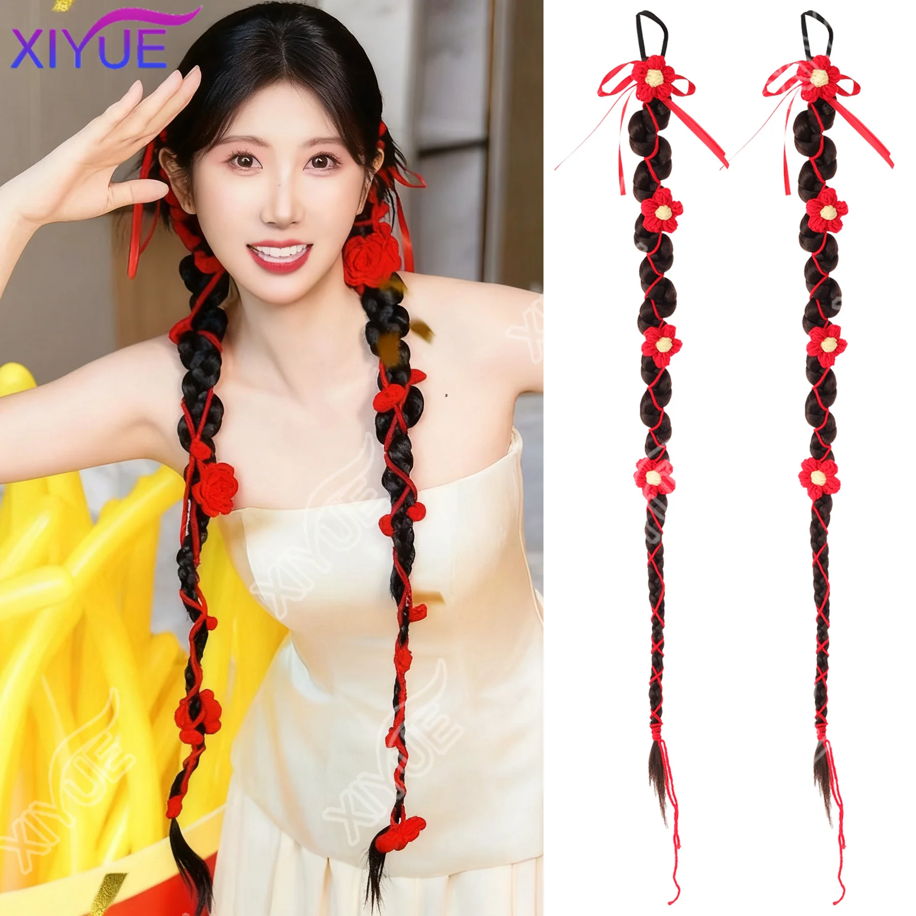 

XIYUE парик Hanfu Xiuhe невесты красная шерсть цветок волосы новый китайский твист коса лента жареное тесто завитки двойной парик с хвостиком