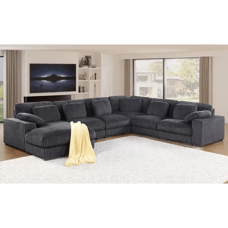 Dark Gray Corduroy Modular Corner Sectional Sofa with Left-Facing Chaise, Comfortable Seating, Stylish Design, Modern Living