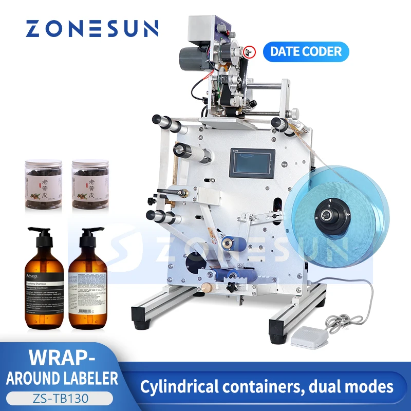 

ZONESUN ZS-TB130 Semi Automatic Wrap Around Label Applicator Round Bottle Double Side Labeling Machine Sticker Label Dispenser