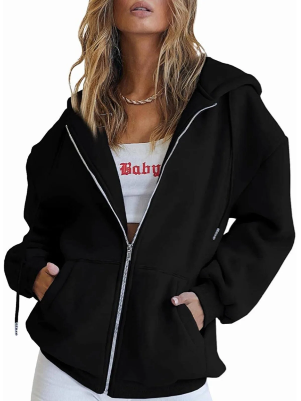 Thiened Zip ket Sweat à capuche Jaet Pure Color Street Sle Long Sve Manteau coupe ample pour femme 8-24 ans