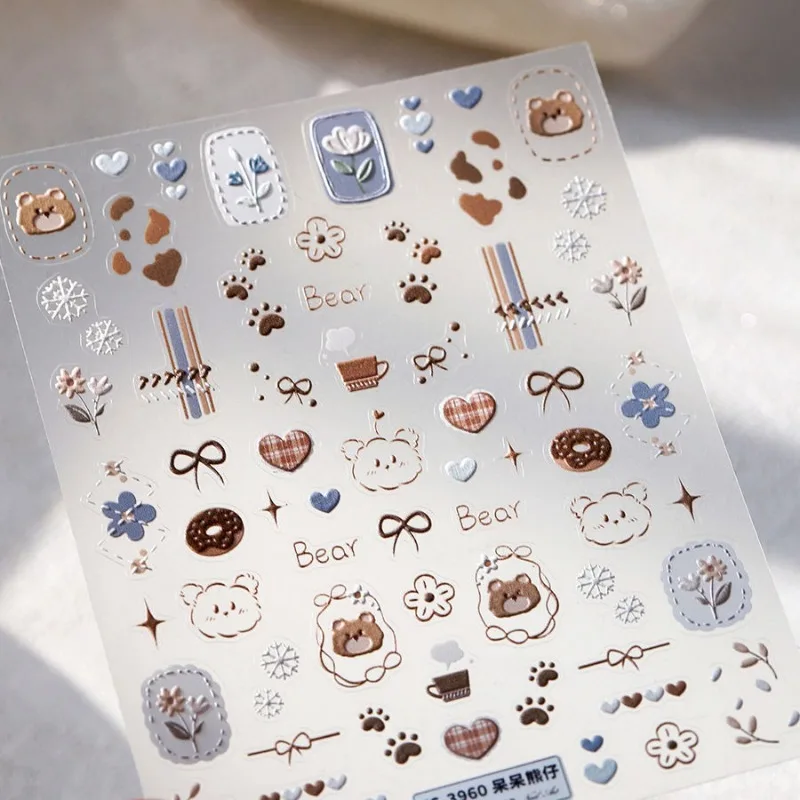 New Arrival Cute Bear Paw Design 3D Embossed Back Glue Nail Decals DIY Nail Stickers Plaid Bear Stereo Manicure Beauty Decor New