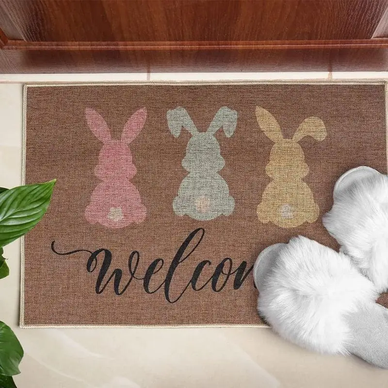 Cute Rabbit Print Mat Happy Easter Entrance Floor Decorative Washable Carpet Non-slip Easy Clean Rug Wrinkle-Resistant Doormat