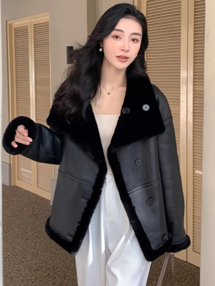 Black Genuine Leather Real Fur Coats for Women High-end Simple Stand Collar Double-sided Wear Design Winter Lambswool Jacket