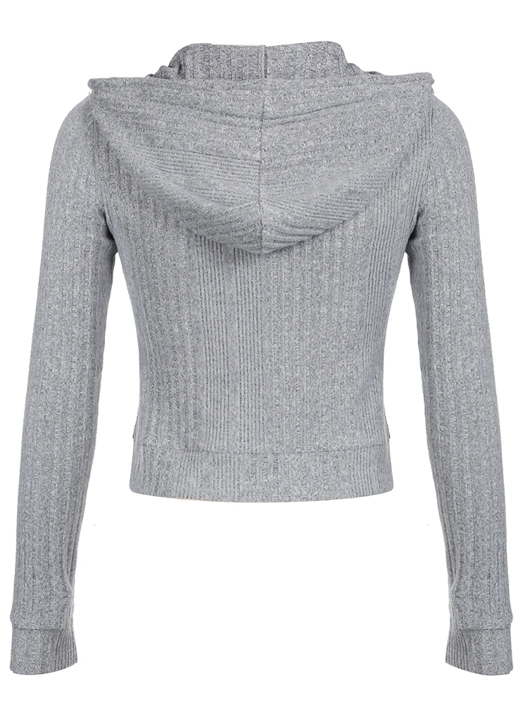 Gray Zip Up Knitted Hooded Jackets Women Pockets Details Solid Simple Basic Minimalist Slim Long Sleeve Hoodies Knitwear