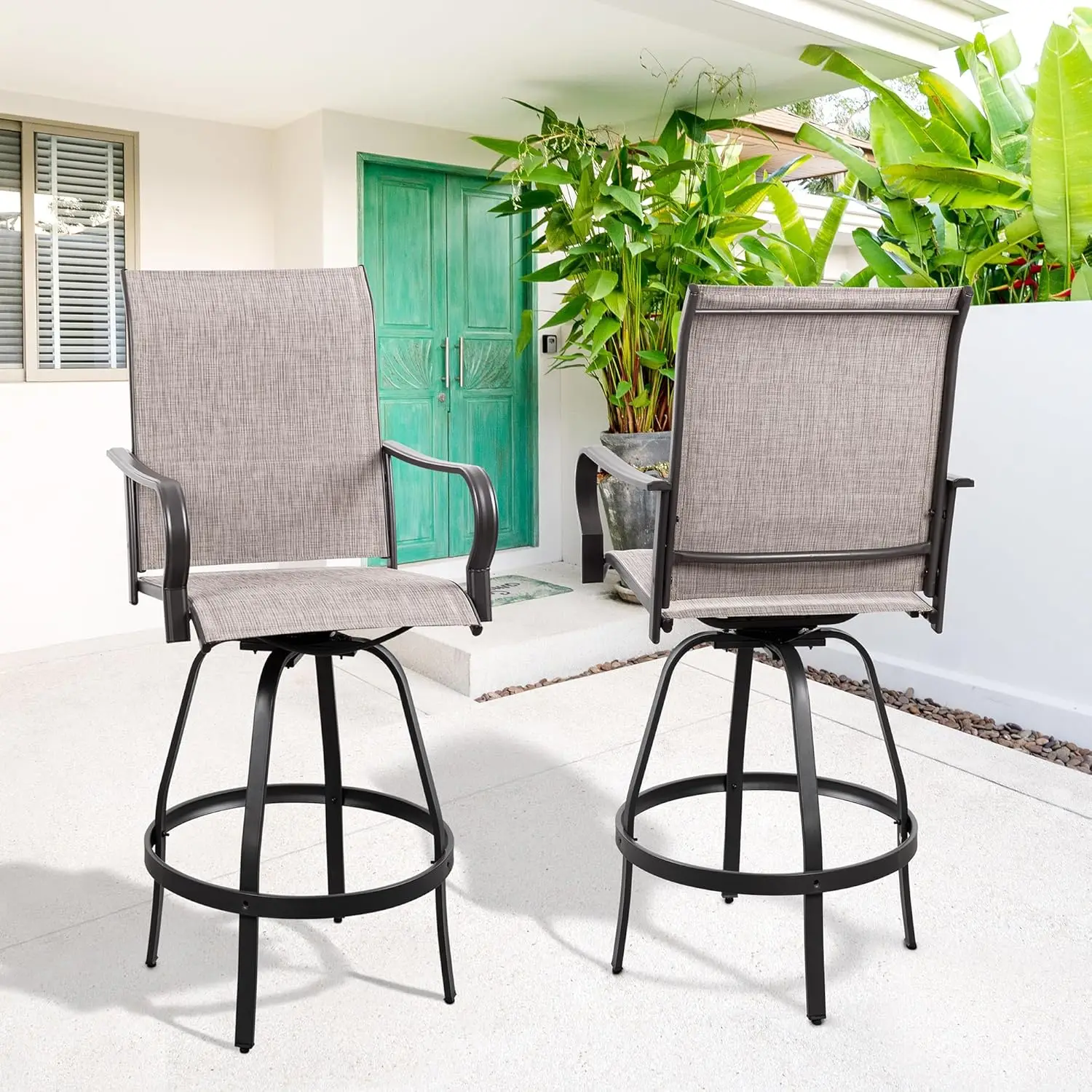 2-Piece Outdoor Swivel Bar Stools, All-Weather Metal & Textile, High Top Bistro Set for Backyard, Lawn, Balcony - Taupe