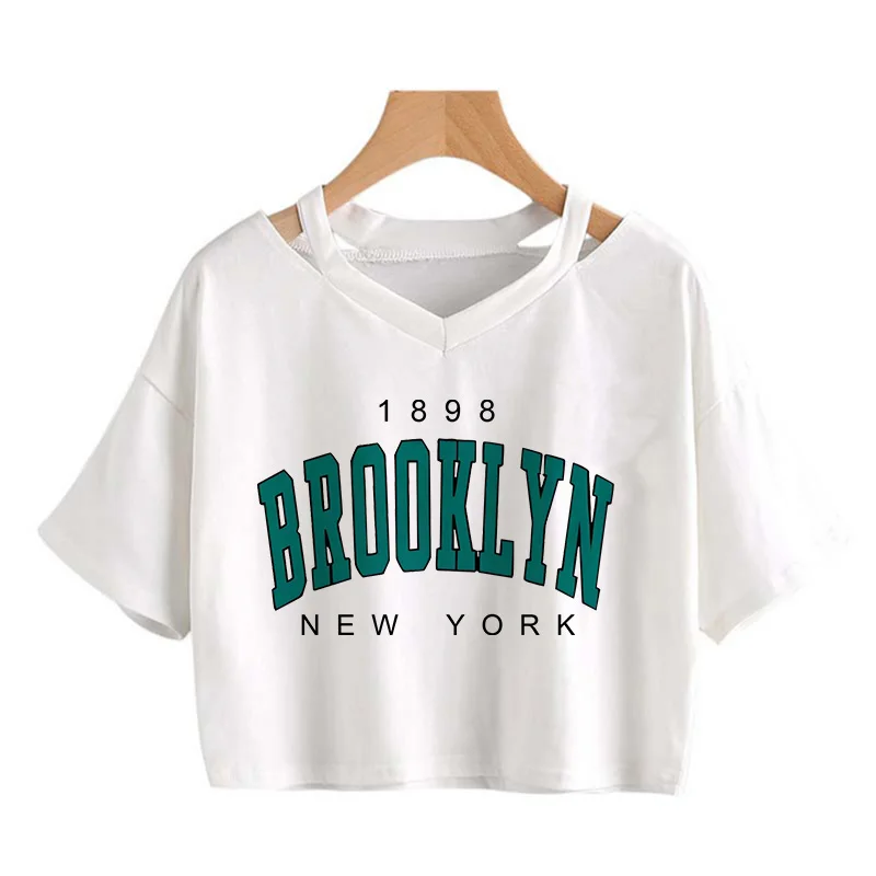 Los Angeles Sexy Crop Tops Women Harajuku Cropped T Shirt 2024 Y2k Brooklyn Chicago Letter T Shirt Funny Graphic T-shirt Female