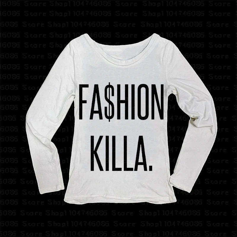 Womens top Gothic letter long T-shirt round neck retro rock grunge punk Y2K top versatile slim urban casual Harajuku high street